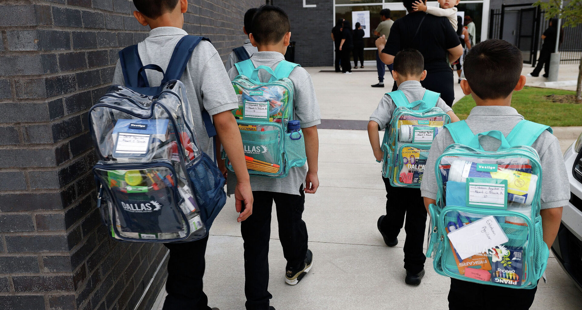 Students arrive at Albert C. Black STEAM Academy on the first day of school on Aug. 12, 2025, in Dallas.