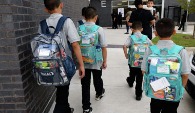 Students arrive at Albert C. Black STEAM Academy on the first day of school on Aug. 12, 2025, in Dallas.