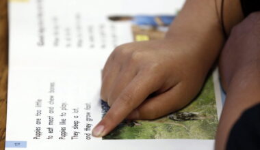 A student works on her multiple reading words and locating words in a dictionary exercise with Lauren Iden, a developmental program teacher at Spring Creek Elementary School in Dallas in 2013. Iden helped the student prepare for the STAAR test.