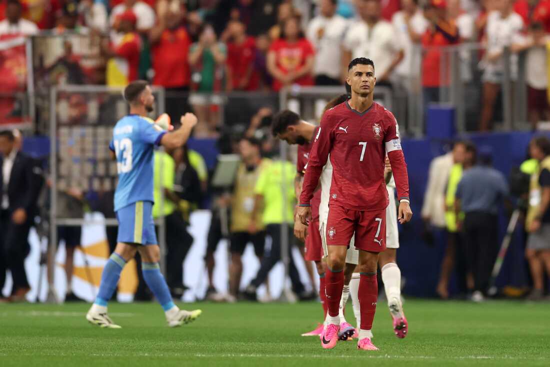 Cristiano Ronaldo #7 of Portugal shows dejection after the team's 0-1 defeat in the FIFA World Cup 2026 Round of 16 match between Portugal and Spain at Dallas Stadium on July 06, 2026 in Arlington, Texas.