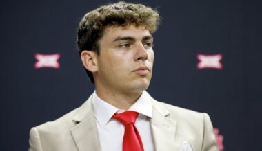 Oklahoma State running back Caleb Hawkins (seated left) and quarterback Drew Mestemaker (seated right) speak with reporters during Big 12 Football Media Days at Ford Center on Tuesday, July 7, 2026, in Frisco.
