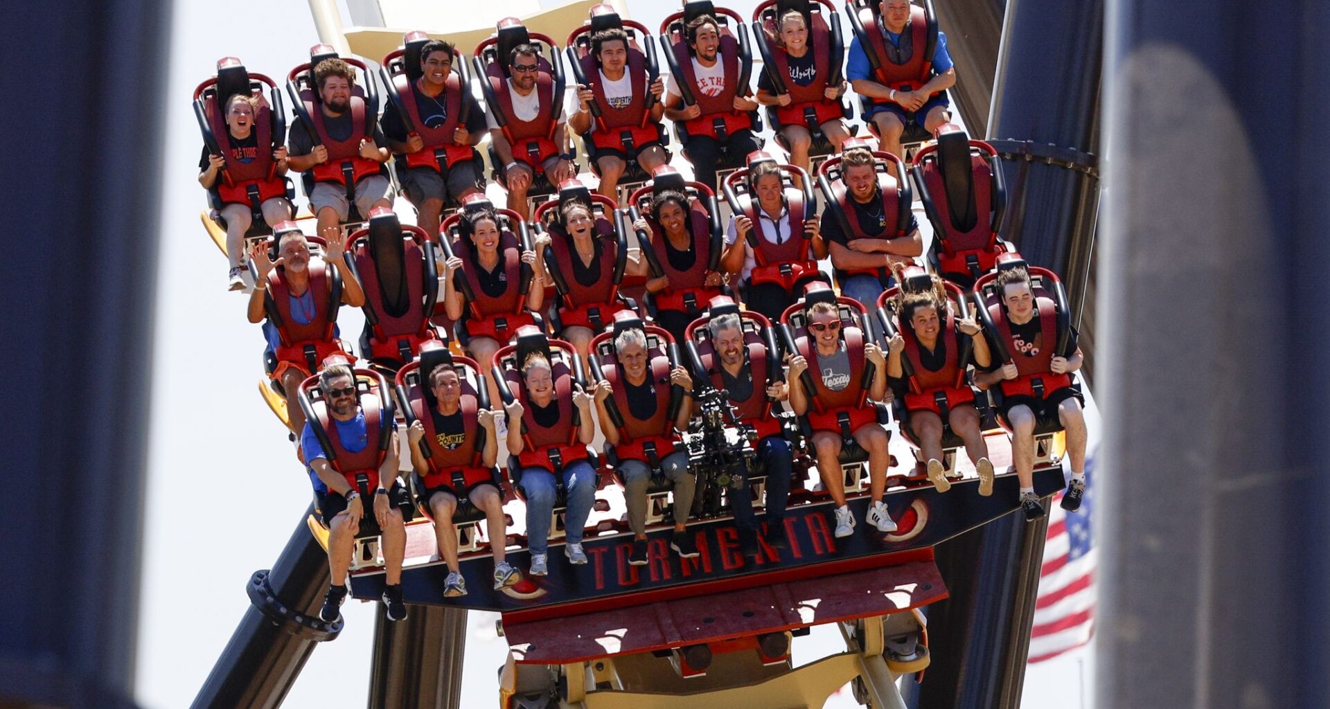Cars on the Tormenta Rampaging Run roller coaster are run through testing at Six Flags Over Texas in Arlington, July 1, 2026.