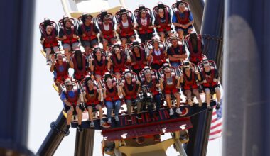 Cars on the Tormenta Rampaging Run roller coaster are run through testing at Six Flags Over Texas in Arlington, July 1, 2026.