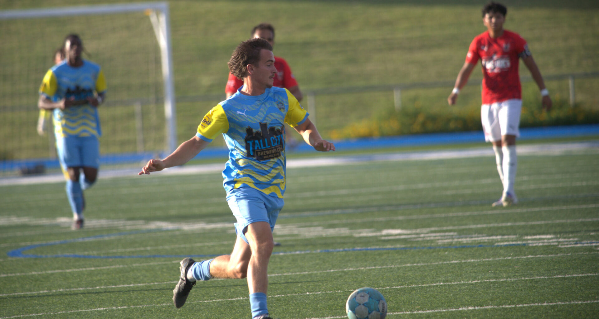 West Texas FC's Archie Wisdom dribbles the soccer ball during a USL League 2 match against the Lubbock Matadors SC, July 8, 2026, at Astound Broadband Stadium. 