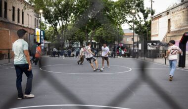 Men play soccer in an outdoor court across the street from Fair Park, owned by  Atlético Dallas, after the World Cup in Dallas, Thursday, June 11, 2026.