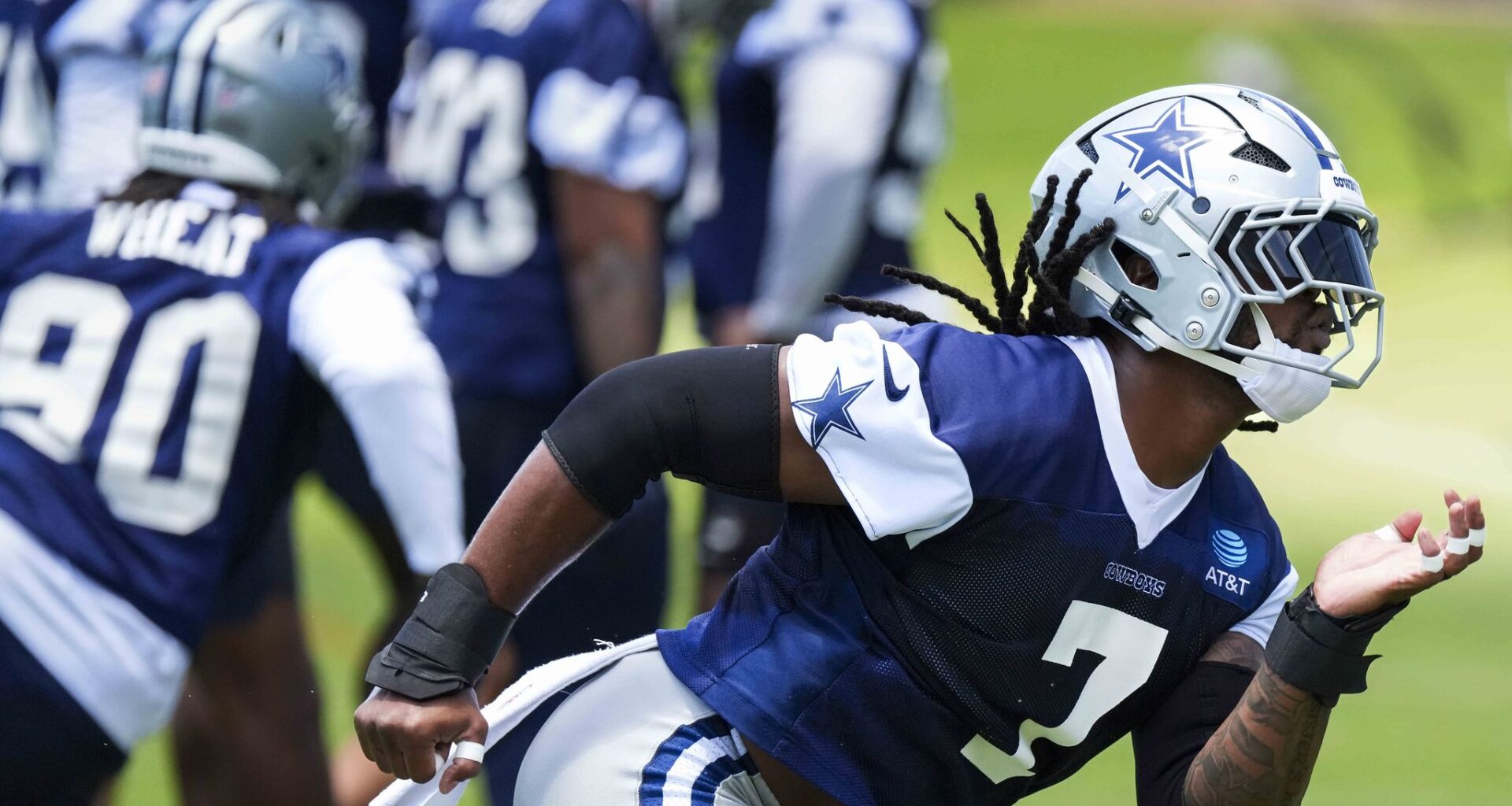 Dallas Cowboys defensive coordinator Christian Parker visits with Dallas Cowboys linebacker Shemar James during a mini-camp practice at The Star in Frisco, June 16, 2026.