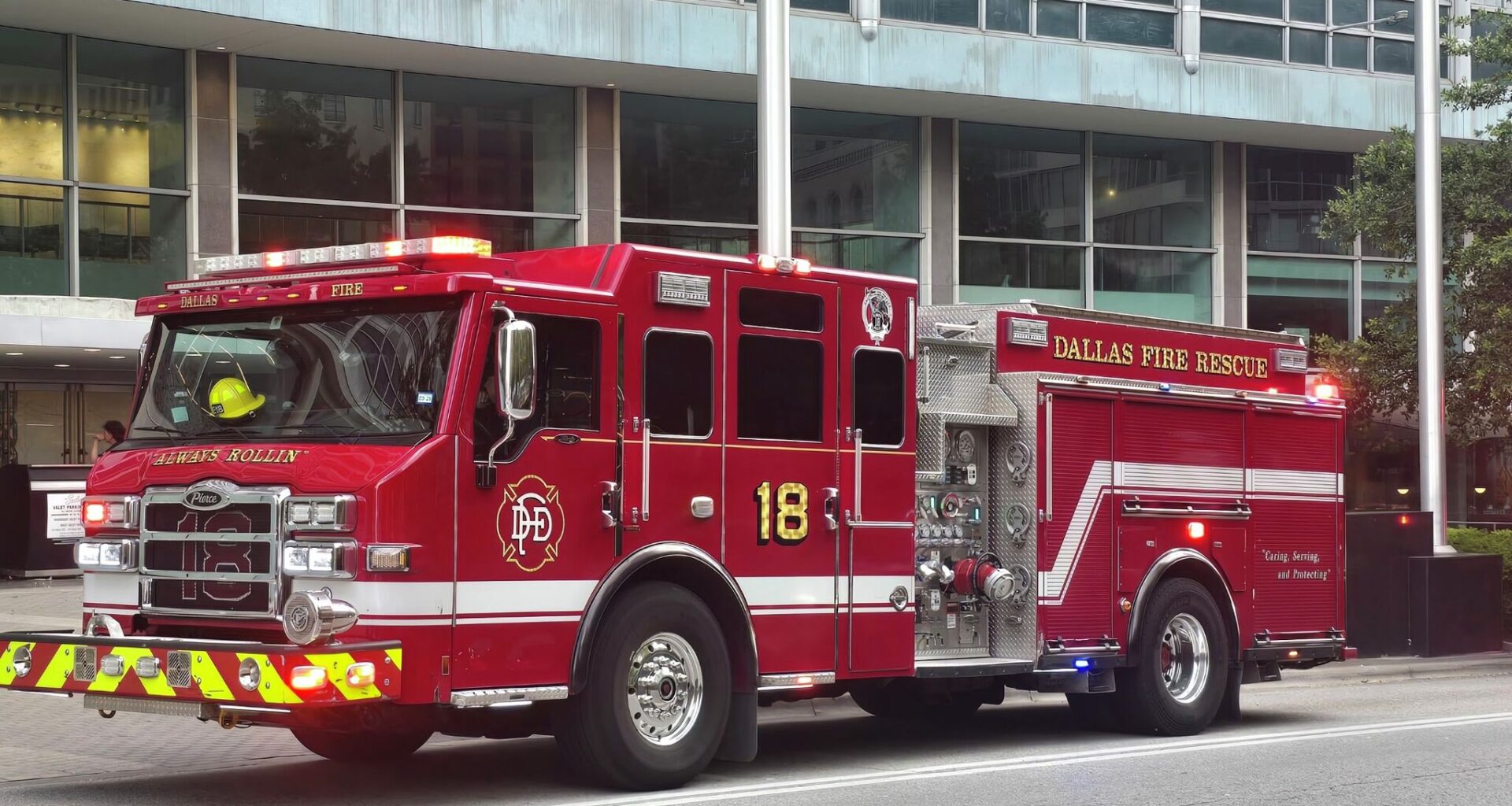 A Dallas Fire-Rescue truck responds to a call on Commerce Street in downtown Dallas.
