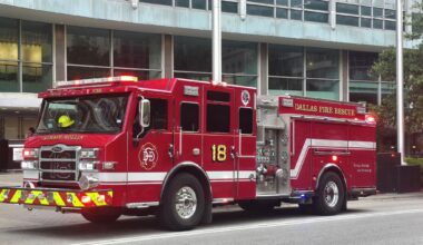 A Dallas Fire-Rescue truck responds to a call on Commerce Street in downtown Dallas.