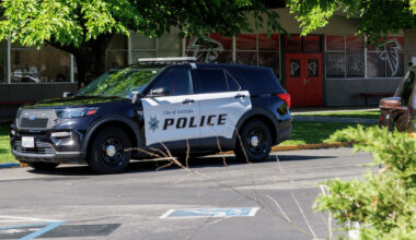 A police vehicle at the scene of a shooting at a high school graduation in Fairfield. Police arrested a 17-year-old they in Texas who they said was the suspected shooter. 