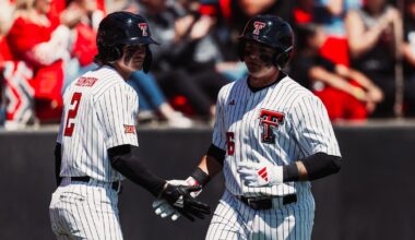 Caden Ferraro stands and admires a home run during the Red Raiders contest at Cincinnati