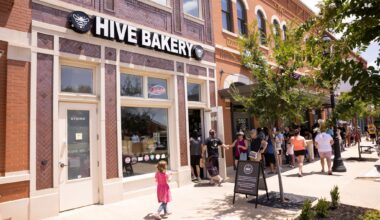 A line of customers waits to enter Hive Bakery in Flower Mound, Texas, Saturday, July 11, 2026.