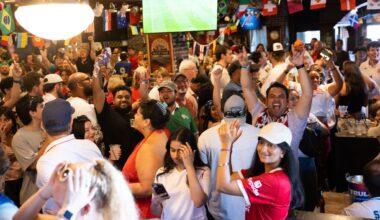 England fans celebrate during a watch party for World Cup match between England and Croatia at The Londoner Pub in Dallas on Wednesday, June 17, 2026. England defeated Croatia 4-2.