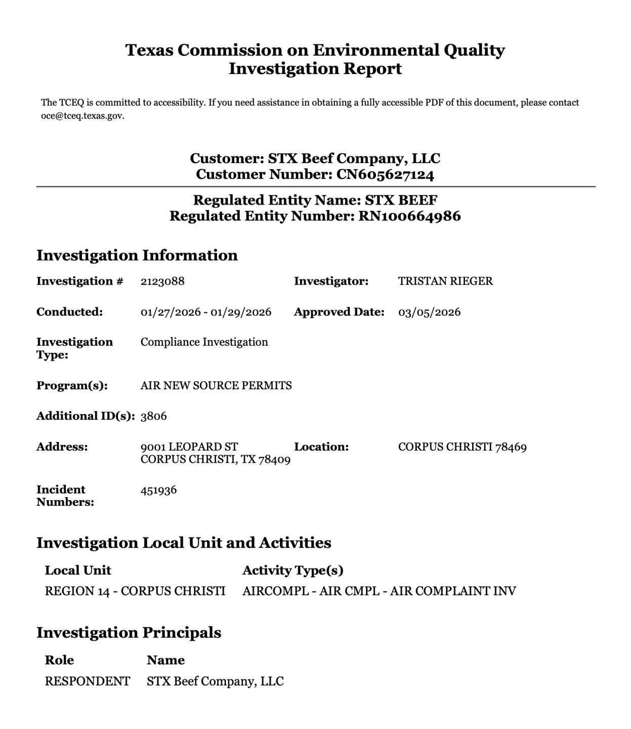 TCEQ Investigation Report - January 2026