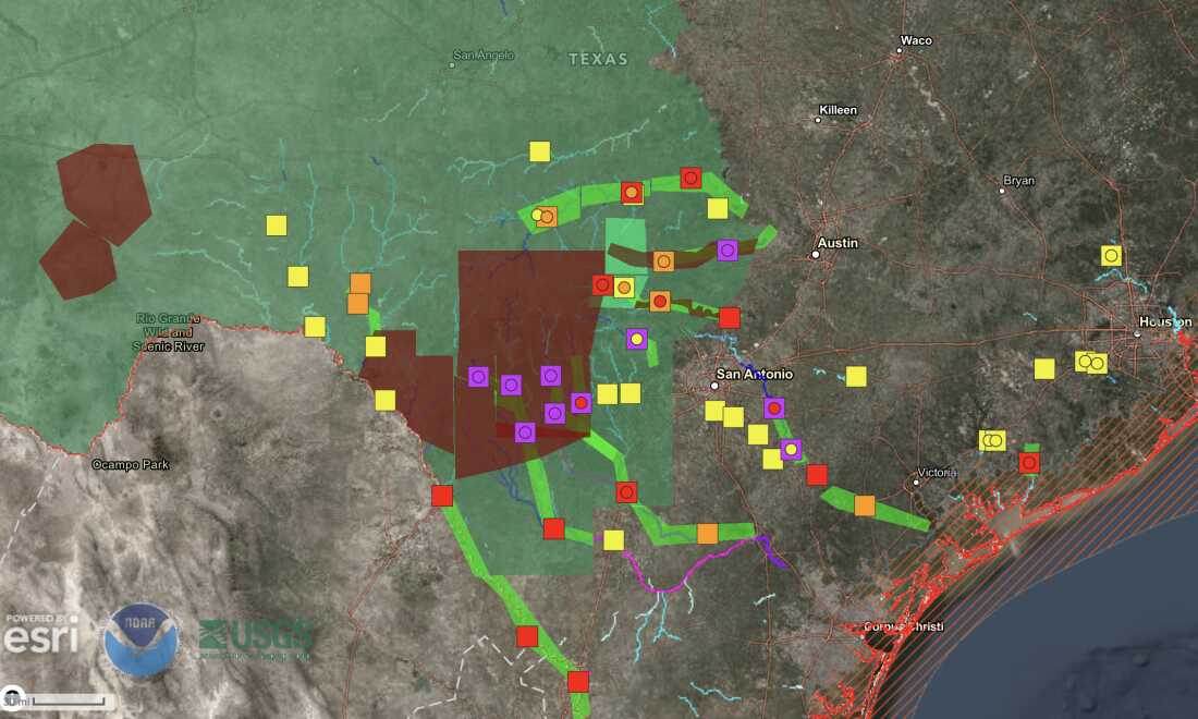 A map on the NOAA website shows more than 20 sites in Texas where major (in purple) or moderate (in red) flood levels are being observed or forecast.