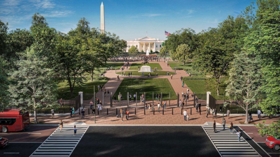 Aerial view of Lafayette Park with fencing around it. The White House and Washington Monument are visible further behind the park.