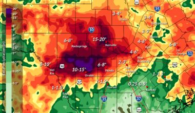 Shown are the radar-estimated rainfall totals this week. For the Guadalupe River basin, most of the rain fell late Wednesday and into early Thursday.