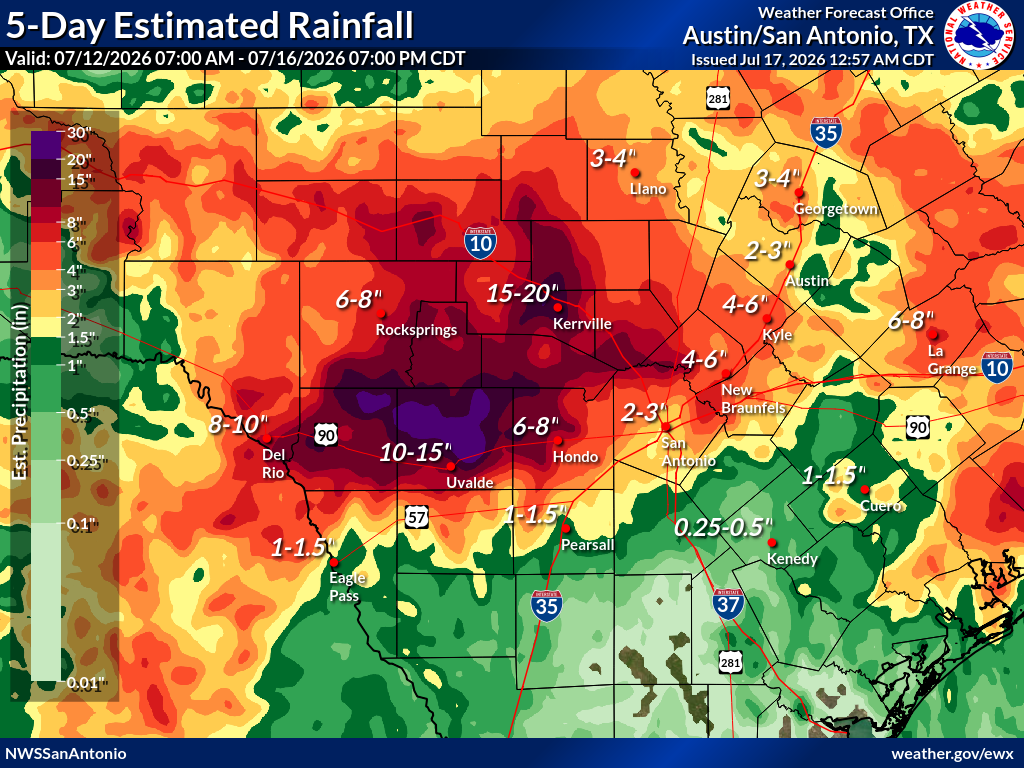 Shown are the radar-estimated rainfall totals this week. For the Guadalupe River basin, most of the rain fell late Wednesday and into early Thursday.