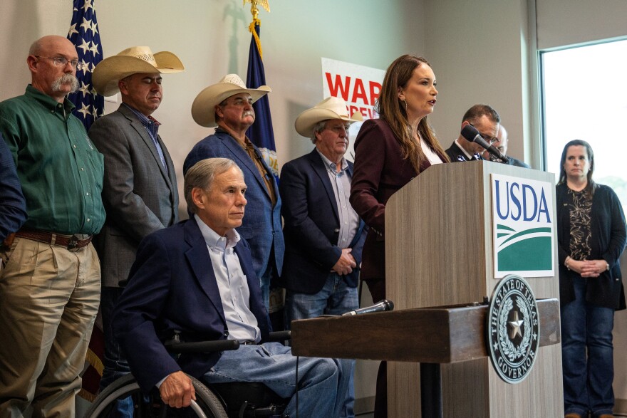 U.S. Secretary of Agriculture Brooke Rollins and Texas Governor Greg Abbott attend a press conference following a briefing on the New World screwworm at the Knipling-Bushland U.S. Livestock Insects Research Laboratory in Kerrville, Texas, U.S. June 8, 2026.