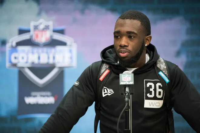 Feb 25, 2020; Indianapolis, Indiana, USA; Baylor wide receiver Denzel Mims (WO36) speaks to the media during the 2020 NFL Combine in the Indianapolis Convention Center. Mandatory Credit: Trevor Ruszkowski-USA TODAY Sports