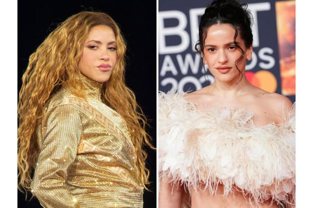Shakira performs in Baltimore on July 6, 2026, left, and Rosalia appears at the Brit Awards 2026 in Manchester, England, on Feb. 28, 2026. (AP Photo)