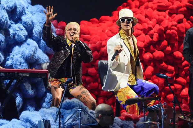 FILE - Paco Amoroso, left, and Ca7riel perform during the 2025 Latin Grammys in Las Vegas on Nov. 13, 2025. (AP Photo/Chris Pizzello, File)