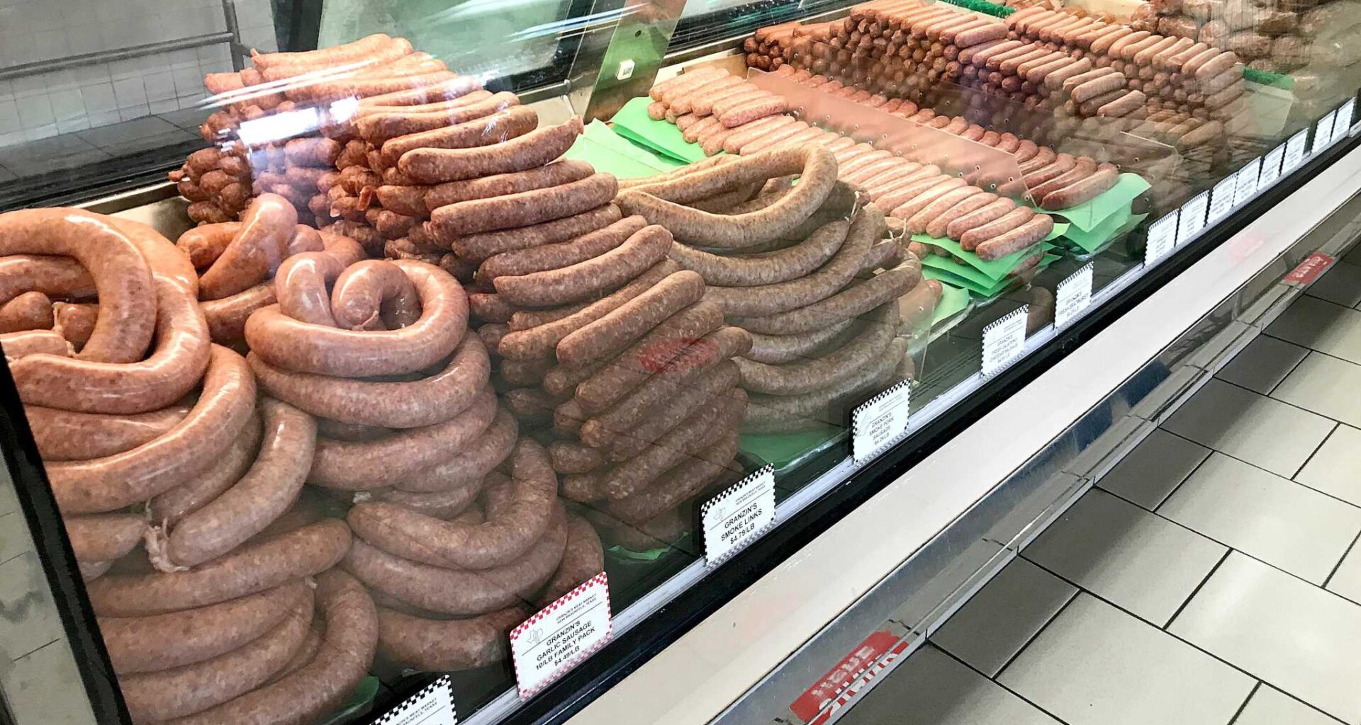 The display case of sausages at Granzin’s Meat Market