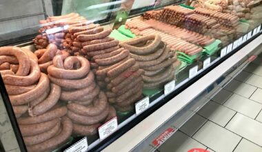 The display case of sausages at Granzin’s Meat Market