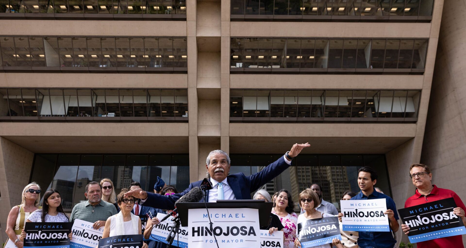 Former DISD Superintendent Michael Hinojosa announces his campaign for Dallas mayor during a news conference Tuesday in front of City Hall.
