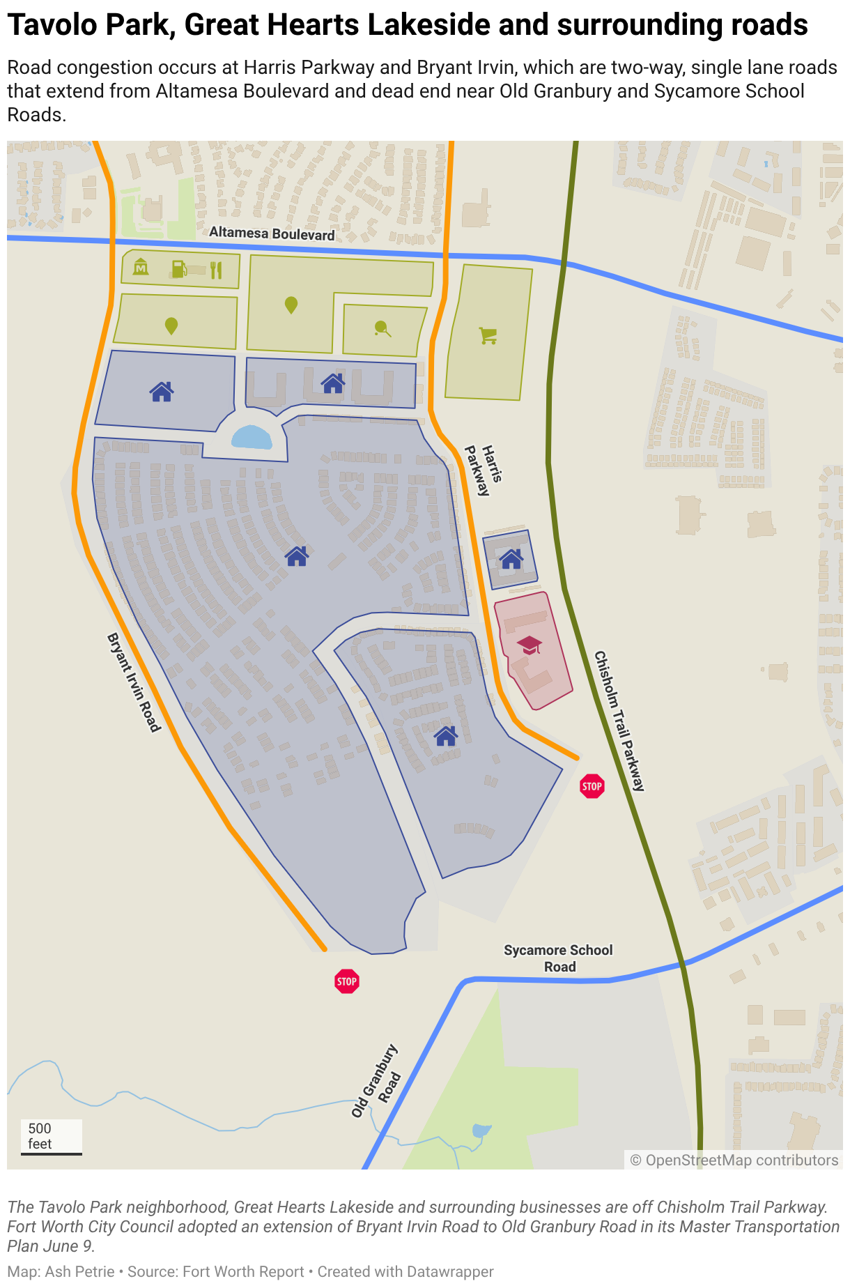 Map of Tavolo Park, Great Hearts Lakeside and the surrounding area.
Both Harris Parkway and Bryan Irvin are two-way, single lane roads extending from Altamesa Boulevard and dead end near Old Granbury and Sycamore School Roads. The Tavolo Park neighborhood, Great Hearts Lakeside and surrounding businesses are situated off Chisholm Trail Parkway. Great Hearts carline route loops around at the dead end on Harris. Fort Worth's Master Transportation Plan adopted the extension of Bryant Irvin to Old Granbury Road June 9 as a long-term project.