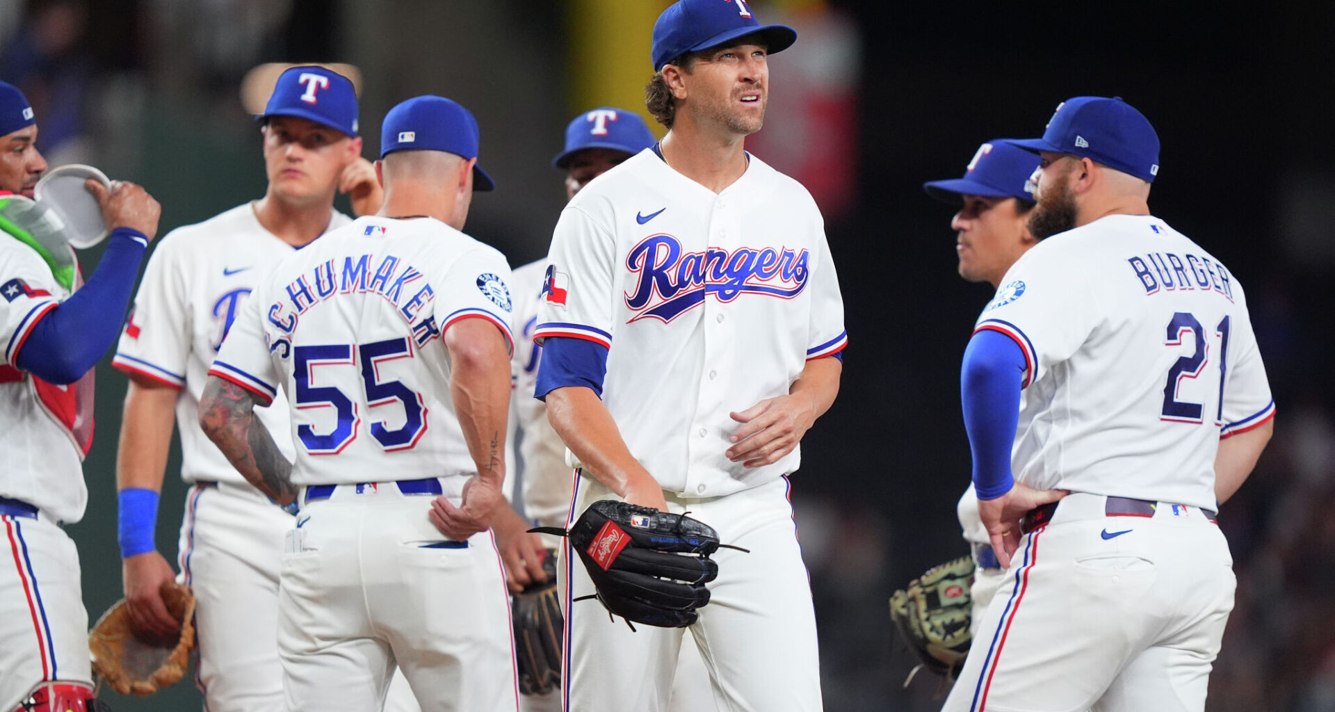 Texas Rangers pitcher Jacob deGrom delivers a pitch to a Chicago White Sox batter during the top of the first inning of play. The Texas Rangers hosted the Chicago White Sox for the teams’ MLB game at Globe Life Field in Arlington on July 20, 2026.