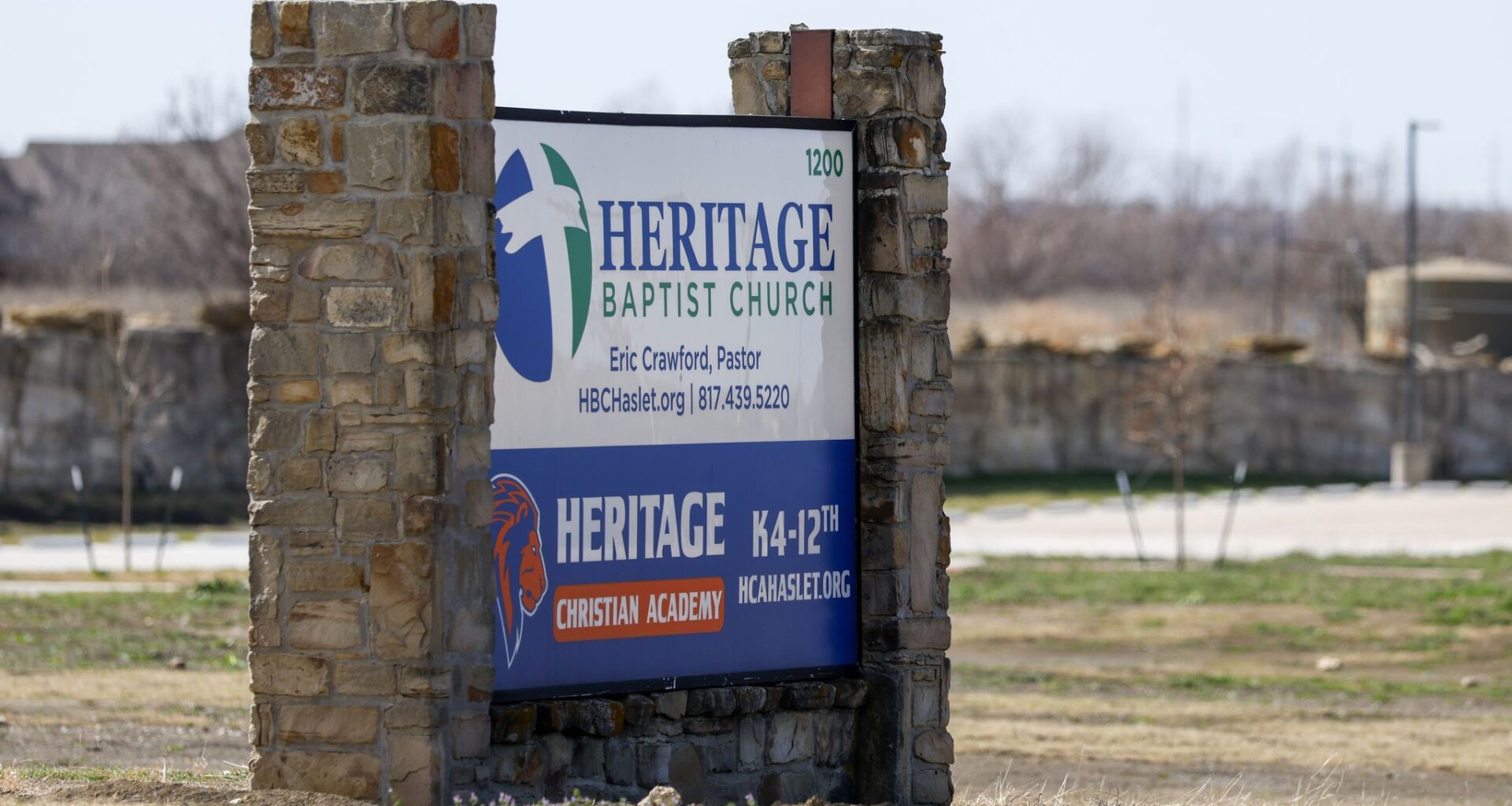 Signage outside Heritage Christian Academy on Wednesday, Feb. 18, 2026, in Haslet, Texas.