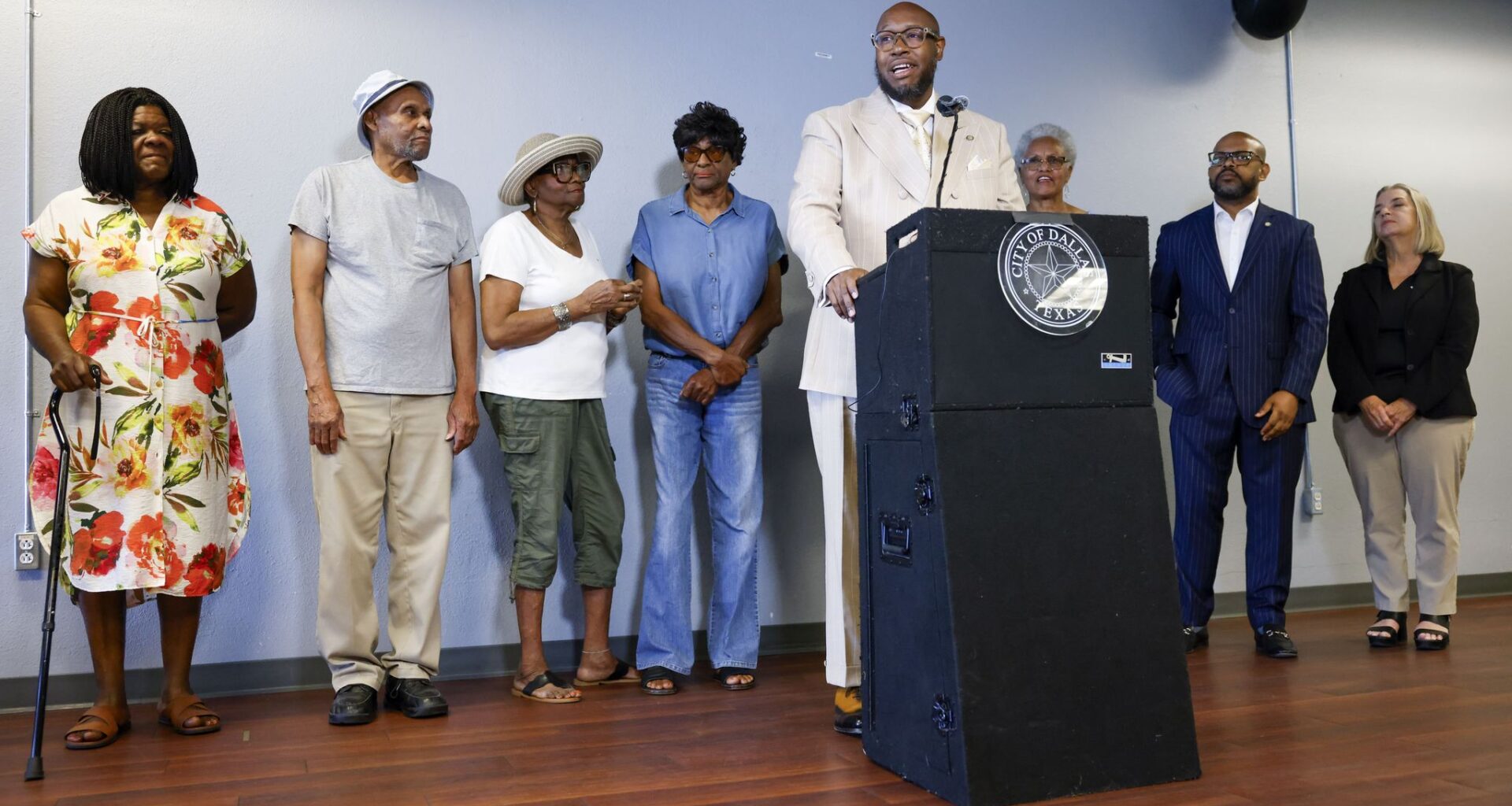 Deputy Mayor Pro Tem Maxie Johnson speaks in front of community residents during a news conference at the District 4 Community Office on Tuesday, July 21, 2026, in Dallas.