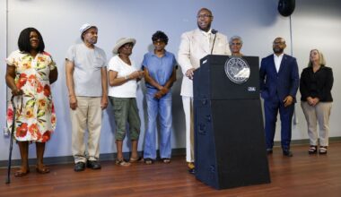 Deputy Mayor Pro Tem Maxie Johnson speaks in front of community residents during a news conference at the District 4 Community Office on Tuesday, July 21, 2026, in Dallas.