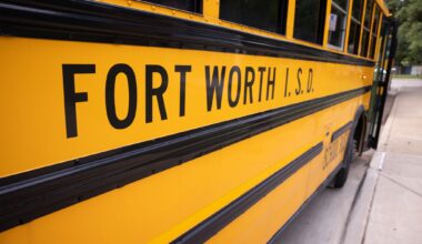 A Fort Worth ISD bus waits for students on the last day of school at International Newcomer Academy in Fort Worth on May 21, 2026. 