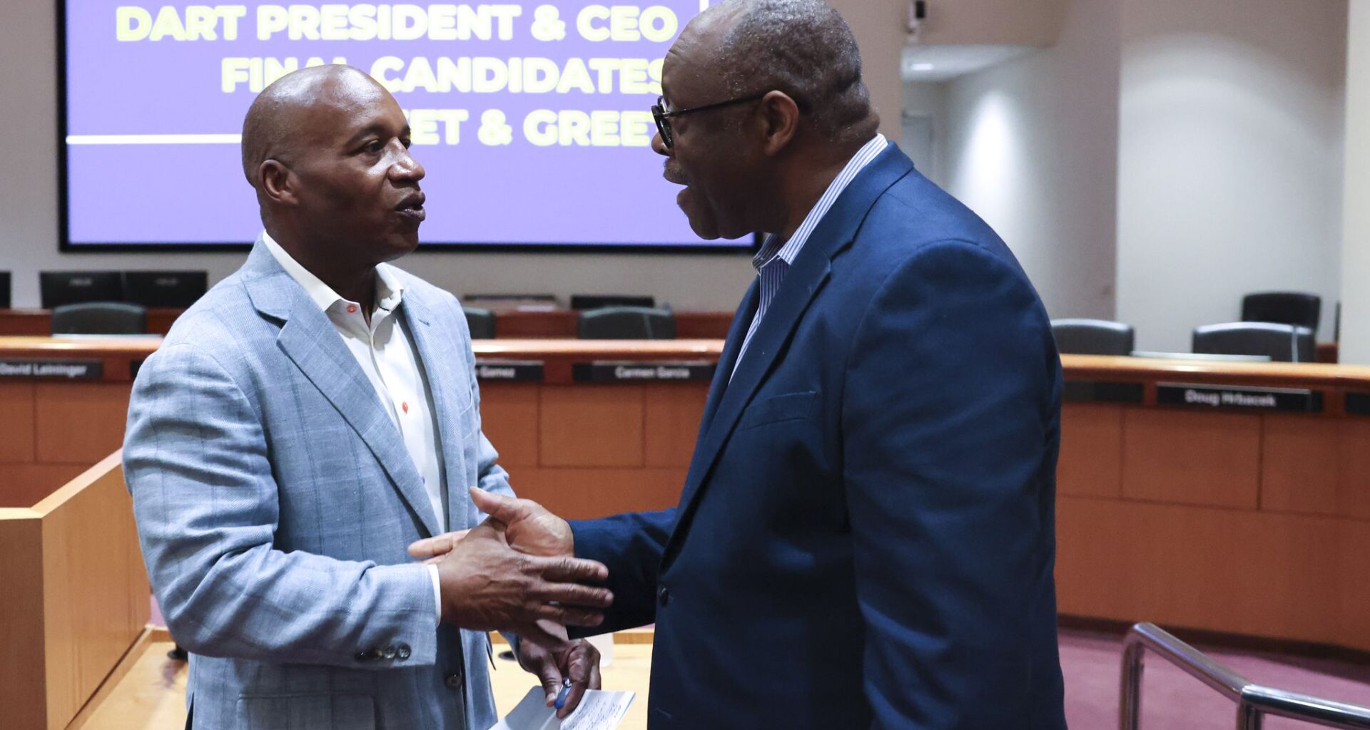 DART President and CEO candidate Nathaniel P. Ford Sr (left),  interacts with crowd during a meet and greet, on Saturday, July 11, 2026 at Dallas Area Rapid Transit headquarters in Dallas.