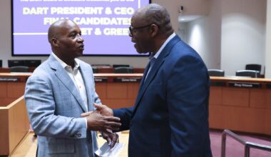 DART President and CEO candidate Nathaniel P. Ford Sr (left),  interacts with crowd during a meet and greet, on Saturday, July 11, 2026 at Dallas Area Rapid Transit headquarters in Dallas.