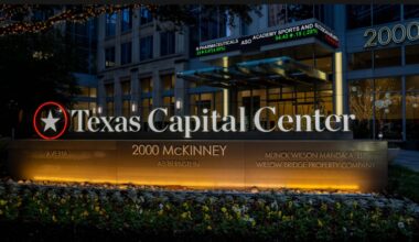 These renderings show a proposed stock ticker outside the Texas Capital Center tower at 2000 McKinney Ave.