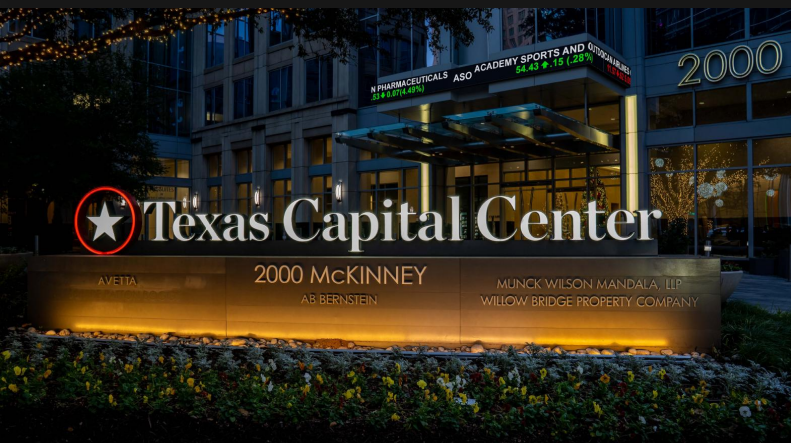 These renderings show a proposed stock ticker outside the Texas Capital Center tower at 2000 McKinney Ave.