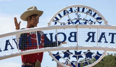 The Big Tex at the State Fair of Texas during its opening day in Dallas on Friday, September 24, 2021. The fair was canceled in 2020 due to the pandemic, making this year's event all that much more anticipated.(Lola Gomez/The Dallas Morning News)