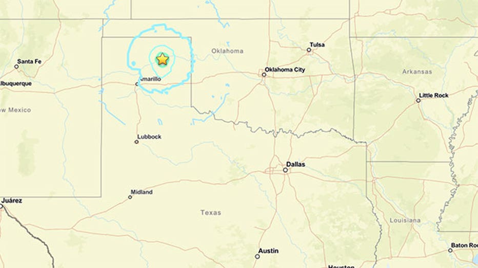 A star indicates the epicenter of an earthquake near Spearman, Texas, on July 23, 2026.