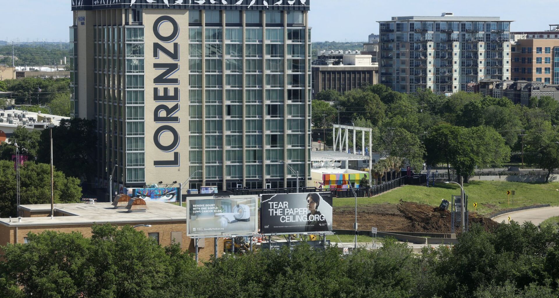 An exterior view of the Lorenzo Hotel Dallas as seen from Dallas City Hall, April 8, 2026.