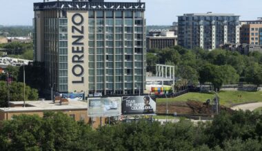 An exterior view of the Lorenzo Hotel Dallas as seen from Dallas City Hall, April 8, 2026.
