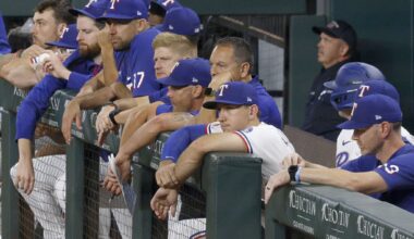 Texas Rangers left fielder Alejandro Osuna celebrates after reaching on a single during the fourth inning of a baseball game against the Chicago White Sox at Globe Life Field on Tuesday, July 21, 2026, in Arlington.