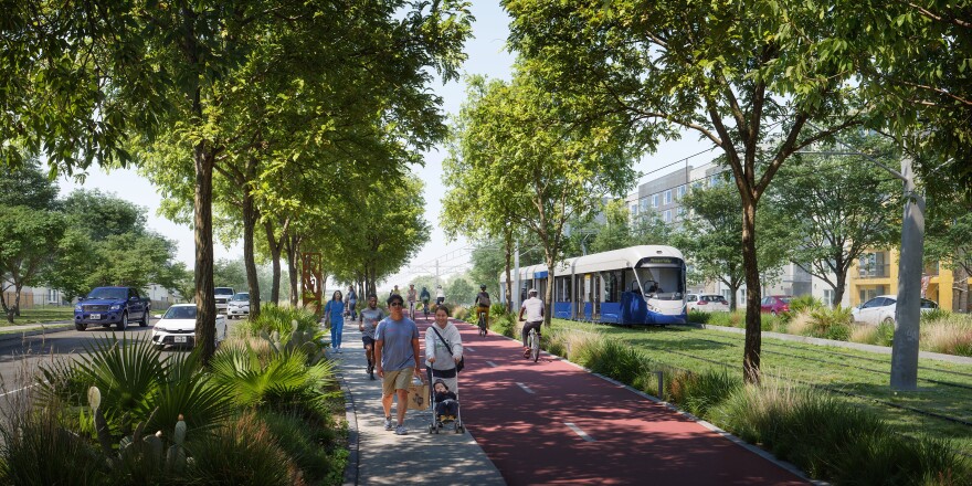Austin's light-rail system includes enhanced pedestrian infrastructure like bike paths and tree-lined sidewalks down the middle of Riverside Drive.