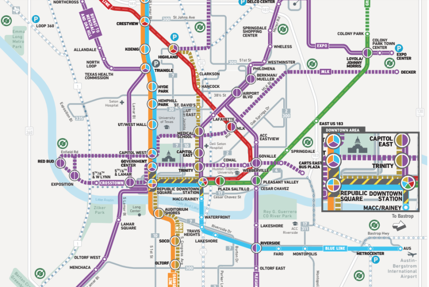 A map showing the initial plans for Project Connect adopted in June 2020. The map depicts two light-rail lines, the Orange and Blue lines, converging in the core of the city.