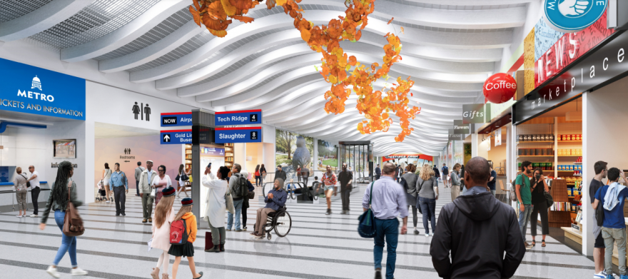 An illustration showing a downtown transit tunnel at Republic Square station. Shops line the sides of the large, open hallway. Natural light is pouring in from above.