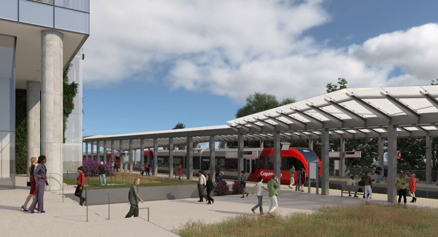 A rendering of the Uptown ATX Red Line station, showing a red train parked at the platform as people approach and walk away from the station.