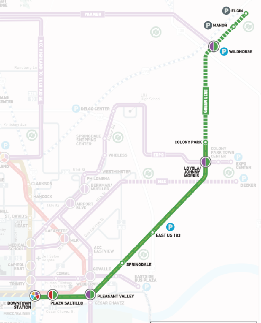 A map of the Green Line showing stations downtown, at Plaza Saltillo, Pleasant Valley, Springdale, East U.S. 183, Loyola/Johnny Morris and Colony Park. A dotted green line shows a proposed extension to Elgin and Manor.