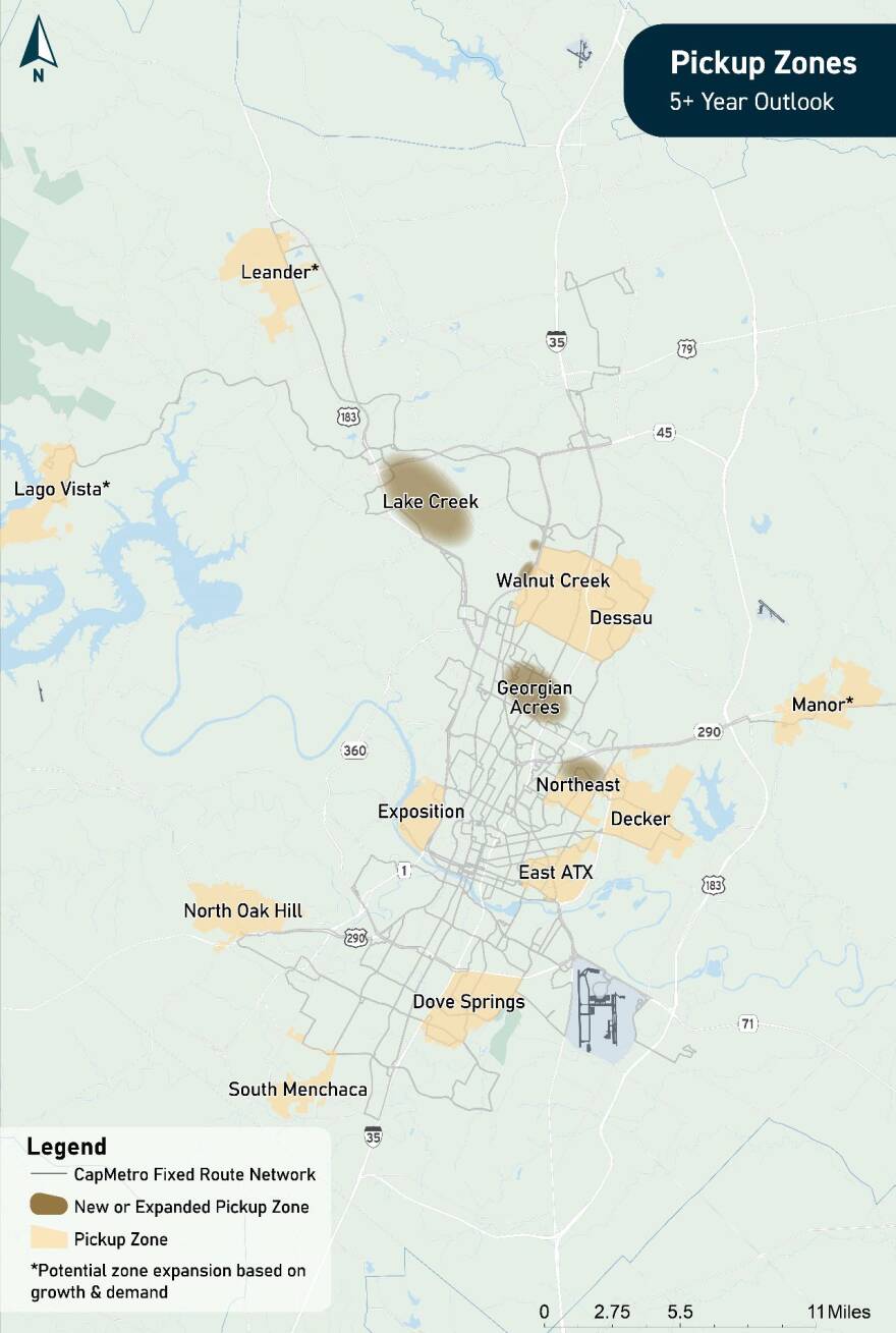 A map showing existing Pickup Zones and two new planned zones at Lake Creek and Georgian Acres, along with an expanded Northeast Pickup Zone.