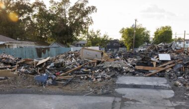 Debris from a deadly explosion and fire at The Clyde apartment building is seen in Oak Cliff on Wednesday, June 3, 2026, in Dallas. Three people were killed in the May 28 explosion and fire at the apartment building.